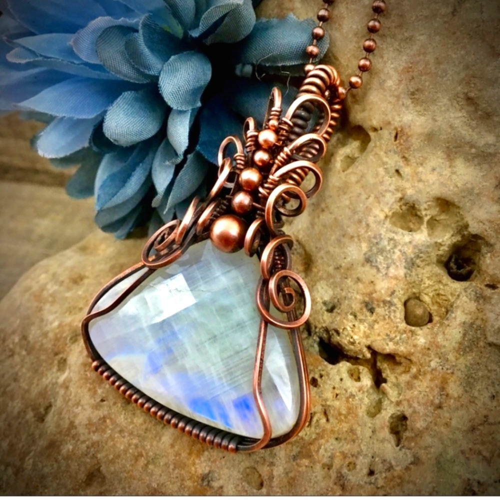 Artisan Made Copper Wrapped Rainbow Moonstone Pendant